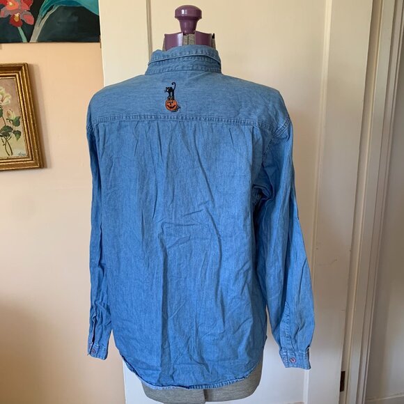 VTG Halloween Jean Button Up Shirt Sz L Embroidered Pumpkins Black Cat Spooky - Picture 4 of 7